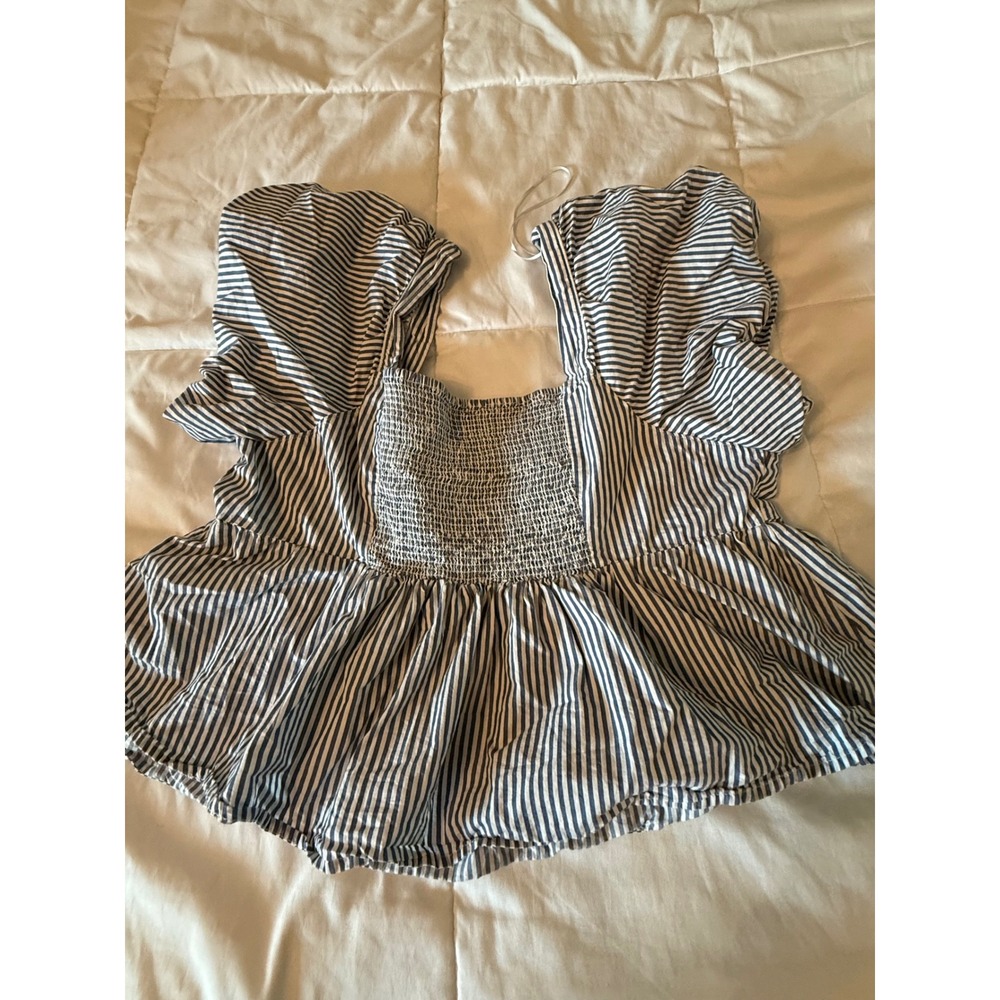 Old Navy Blue White Striped Smocked Peplum Puff Sleeve Top XL Petite